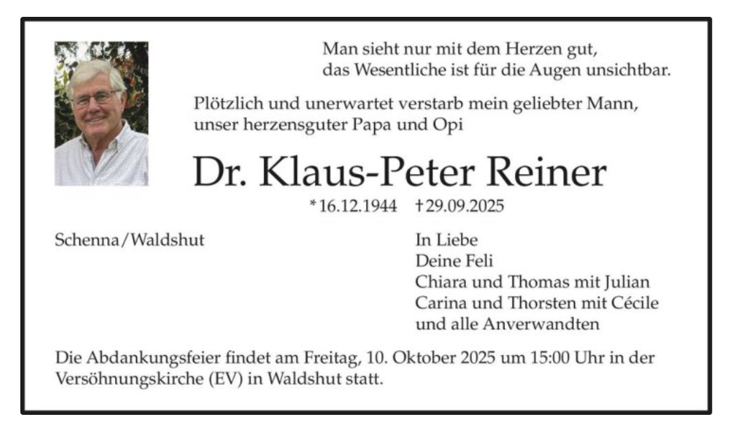 Traueranzeige Reiner, Klaus-Peter Traueranzeige Reiner, Klaus-Peter